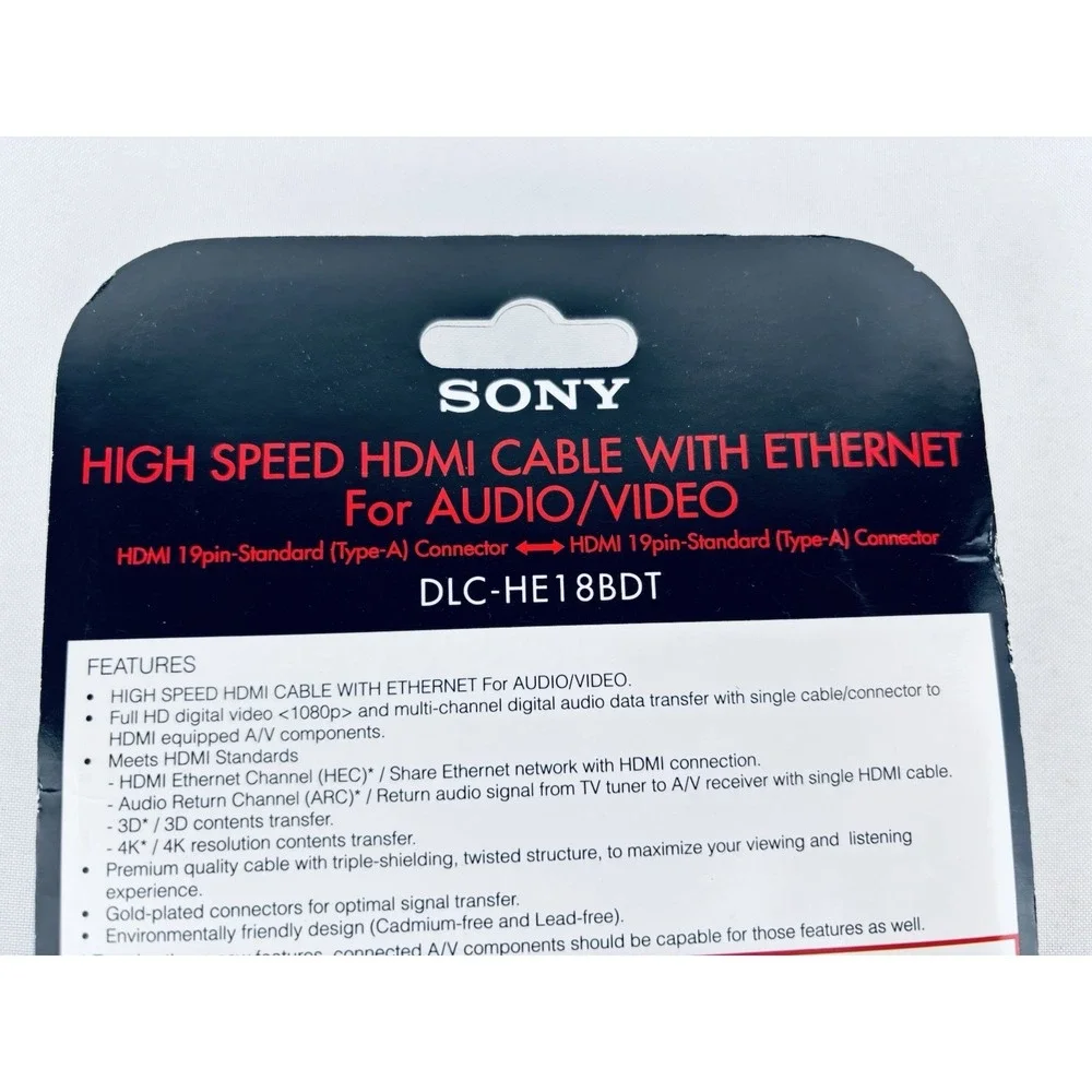 Sony High Speed HDMI Audio Video Cable 6 Feet Full HD 1080P DLC-HE18BDT